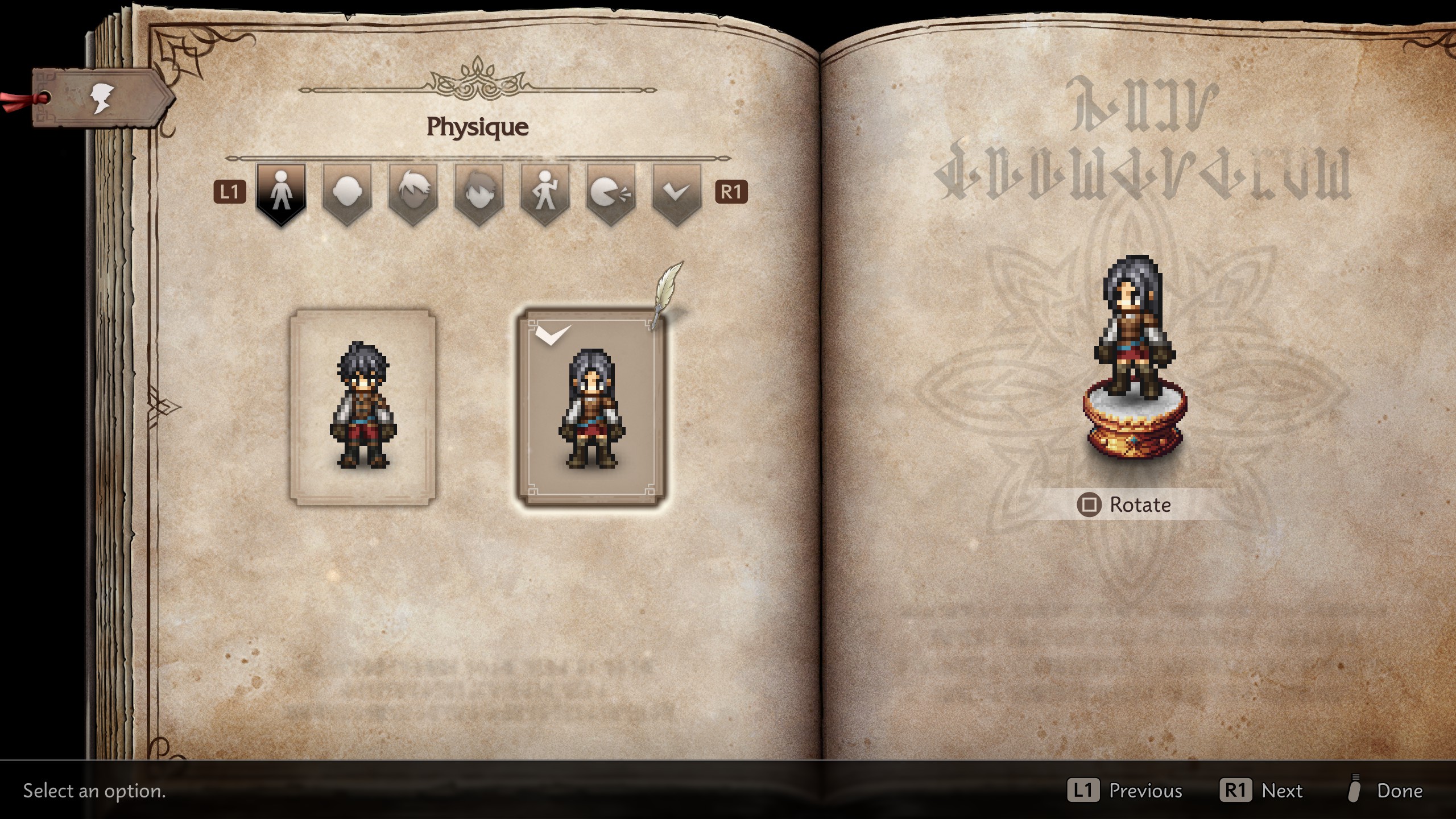 A character customization screen in Octopath Traveler 0 shows a pixelated character with options to choose 'Physique' and a prompt for 'Rotate.'
