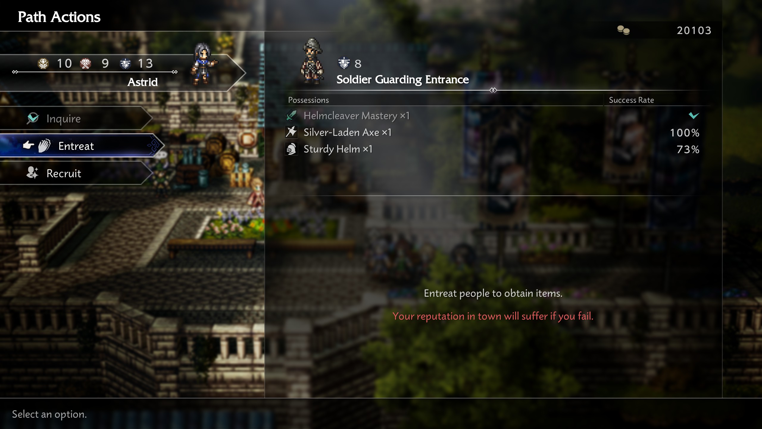 The game interface from Octopath Traveler 0 shows a character named Astrid with path actions options like 'Entreat' and details of a 'Soldier Guarding Entrance' possessing a 'Helmcleaver Mastery,' a 'Silver-Laden Axe,' and a 'Sturdy Helm.'