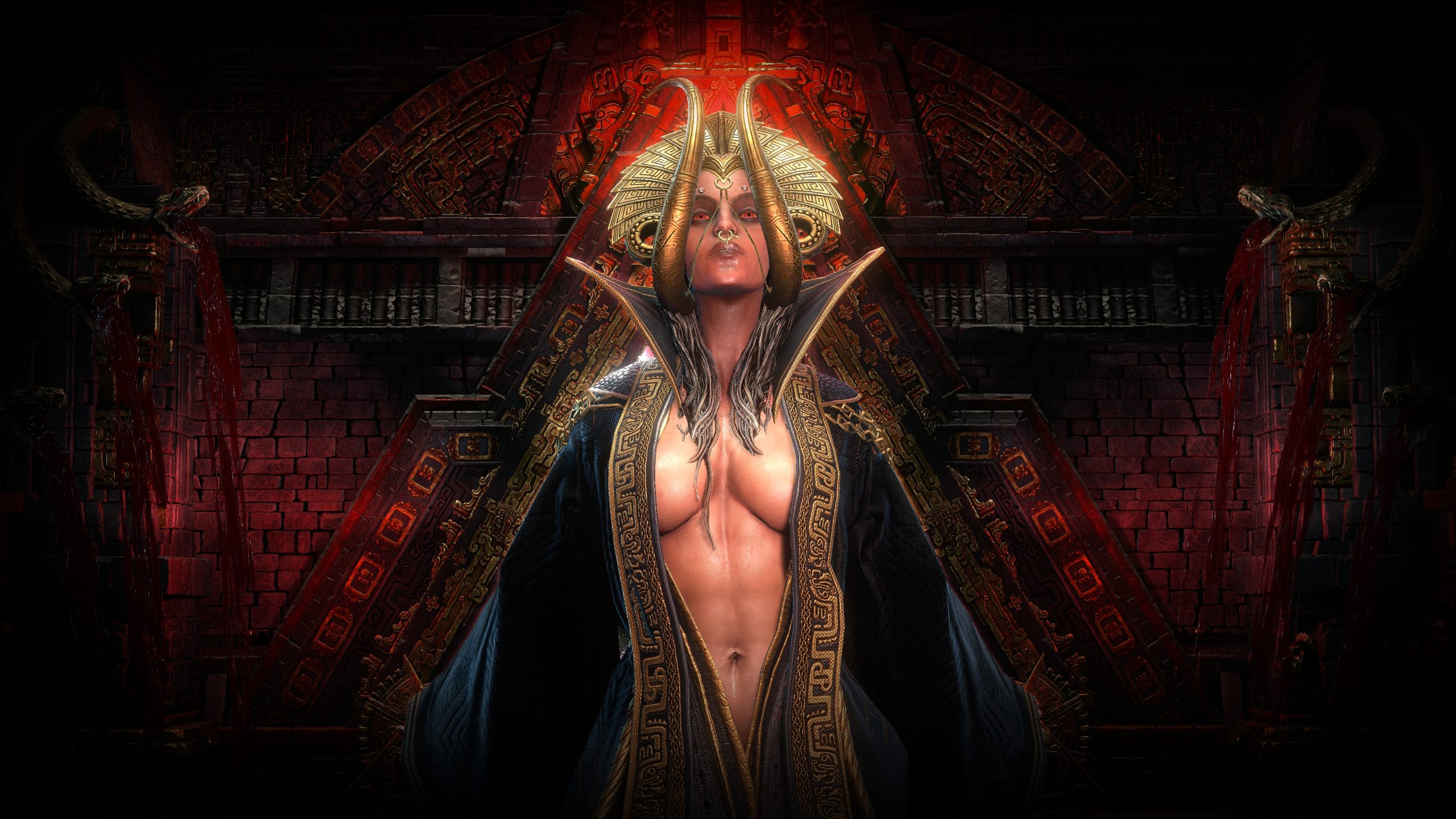 A character in the game 'Lords of the Fallen' stands with a glowing headdress and detailed robe, set against a dark, ornate background.