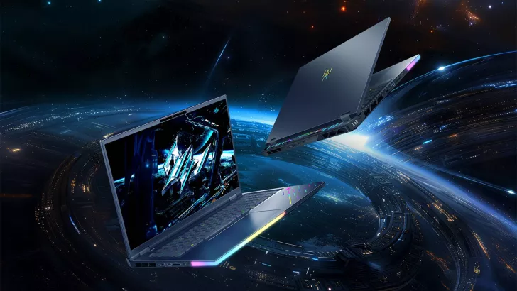Two Acer Predator laptops with RGB lighting are shown in a cosmic space setting, one displaying an illuminated futuristic logo on its screen.