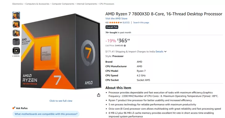 The image shows an AMD Ryzen 7 7800X3D 8-Core, 16-Thread Desktop Processor box with a highlighted price of '$365.44' at a 19% discount, alongside product specifications like '4.2 GHz' CPU speed and 'Socket AM5'.