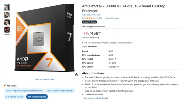 The image shows a product listing for the AMD Ryzen 7 9800X3D 8-core, 16-thread desktop processor priced at $439.99, highlighting features like '4.7 GHz' CPU speed and 'Socket AM5'.