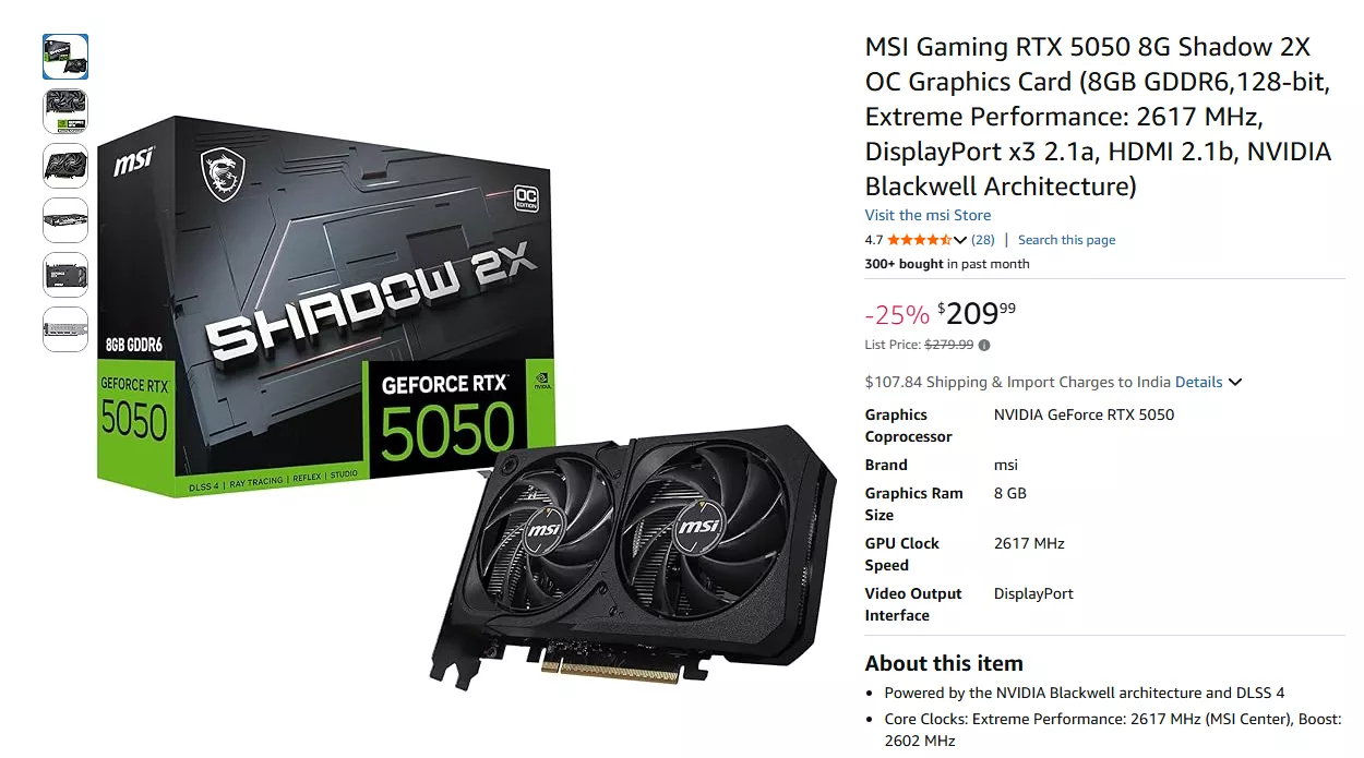 The image shows an MSI Gaming RTX 5050 8G Shadow 2X OC graphics card with 8GB GDDR6, highlighting features like 'Geforce RTX 5050,' 'DLSS 4,' 'Ray Tracing,' 'Reflex,' 'Studio,' and displaying a price of $209.99 on Amazon.