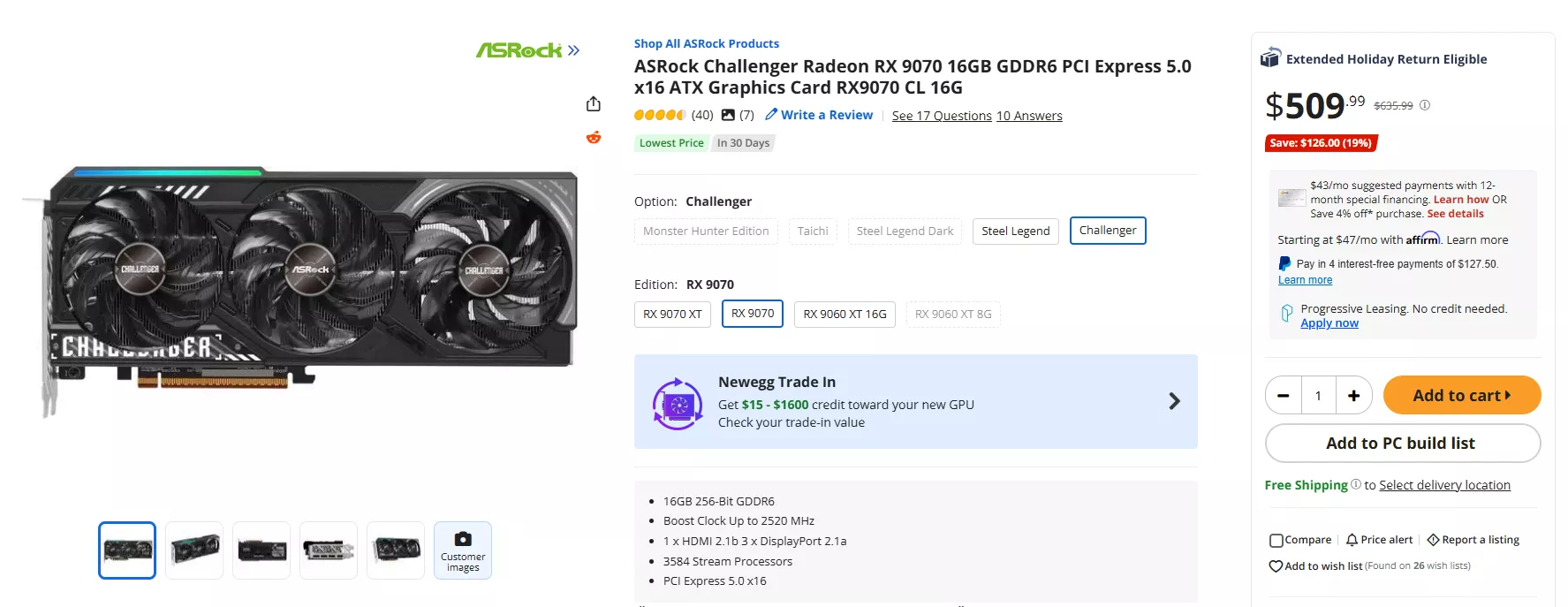 An ASRock Challenger Radeon RX 9070 16GB GDDR6 graphics card with a visible product listing showcasing features like PCI Express 5.0 x16 and Boost Clock up to 2520 MHz, priced at $509.99 after a $126.00 discount.