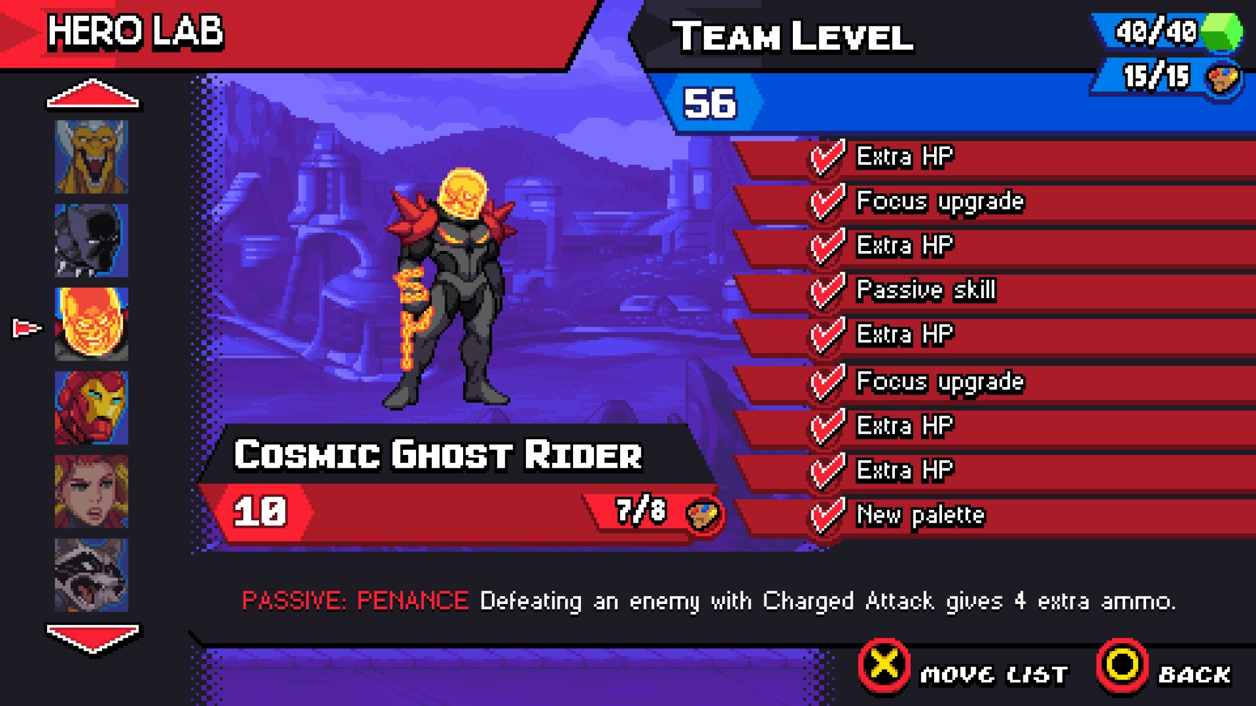A game screen from 'Hero Lab' shows 'Cosmic Ghost Rider' with various upgrade options checked, including 'Extra HP,' 'Focus upgrade,' and 'New palette,' along with the passive ability 'Penance.'
