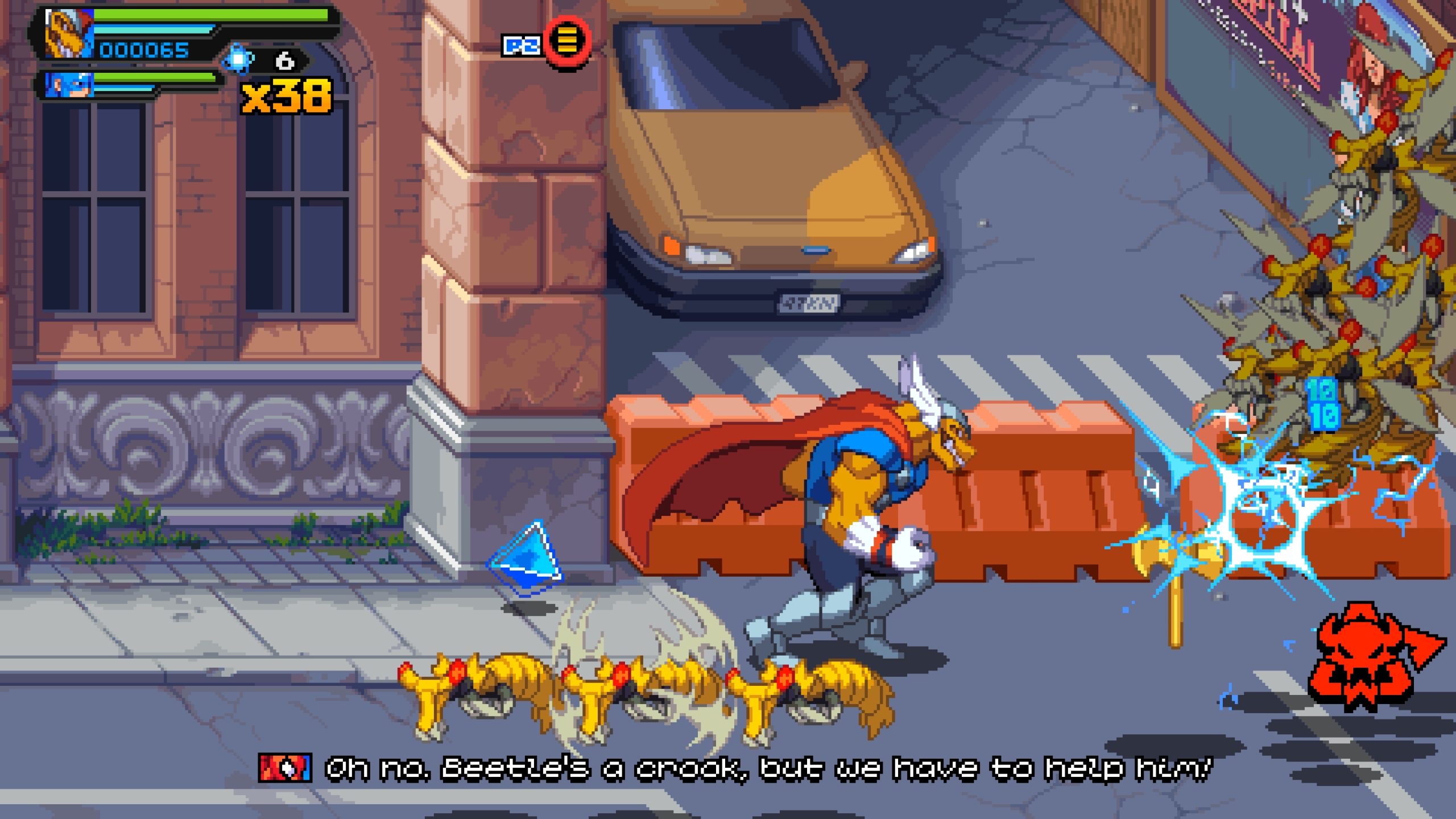 A character in the game 'Teenage Mutant Ninja Turtles: Shredder’s Revenge - Dimension Shellshock' battles enemies on a street, with the caption 'Oh no, Beetle's a crook, but we have to help him!' at the bottom.