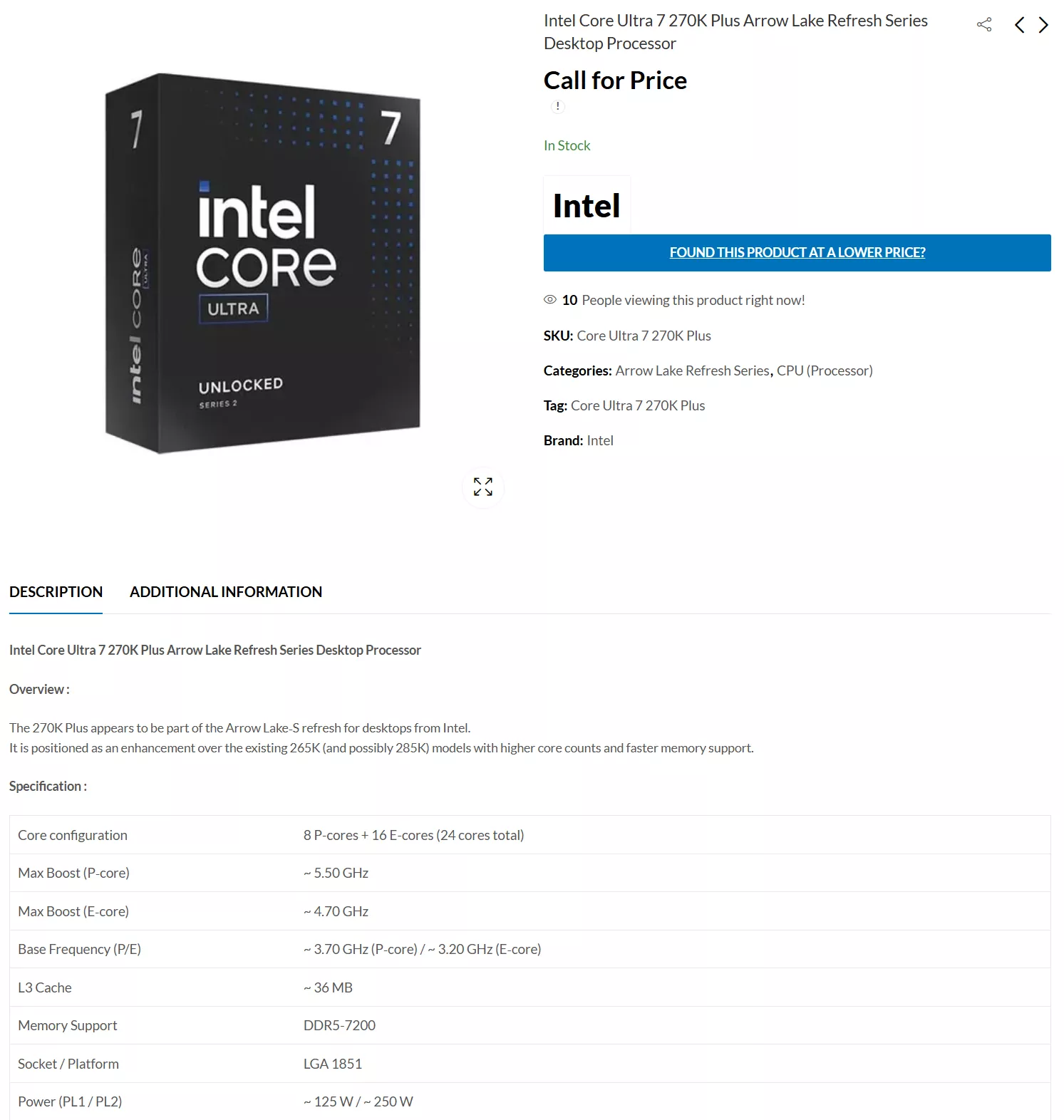 The image shows a boxed Intel Core Ultra 7 270K Plus Arrow Lake Refresh Series desktop processor, with specifications listing 8 P-cores + 16 E-cores, max boost frequencies of 5.50 GHz for P-cores and 4.70 GHz for E-cores, and DDR5-7200 memory support.