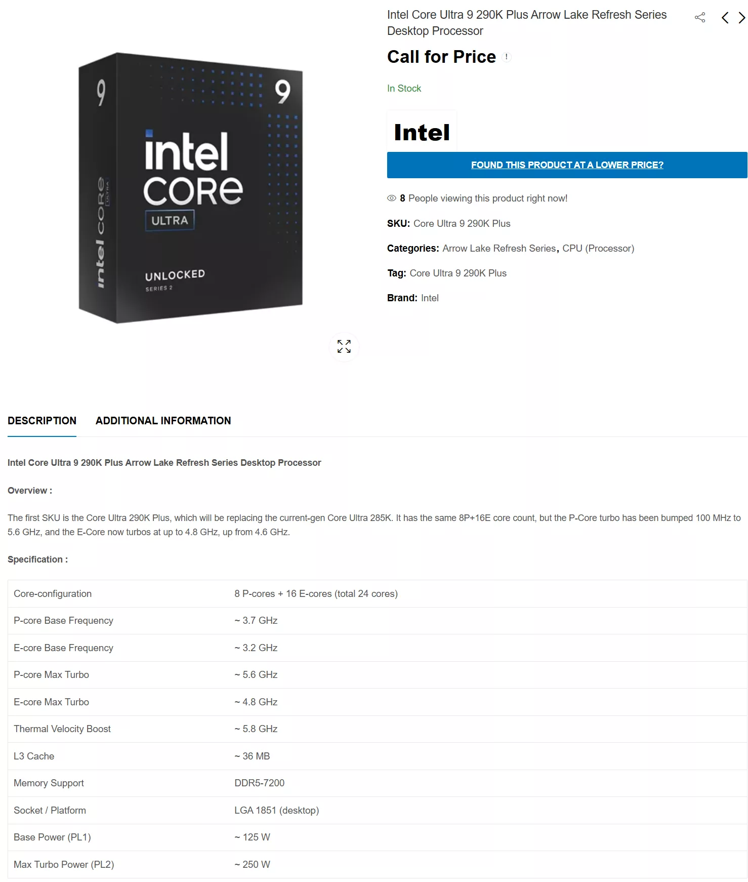 The image displays a boxed Intel Core Ultra 9 290K Plus Arrow Lake Refresh Series Desktop Processor with specifications including an 8P+16E core configuration, 5.6 GHz P-core max turbo frequency, and DDR5-7200 memory support, alongside a listing with 'Call for Price' text.