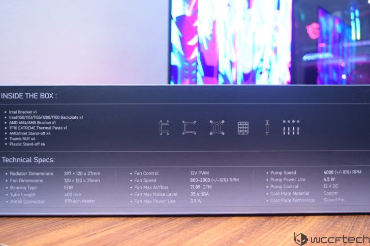 A box label shows 'Inside the Box' with Intel and AMD bracket listings and 'Technical Specs' detailing radiator dimensions, fan control, and pump speed.