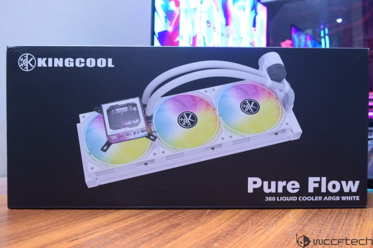 A KingCool branded box displaying the 'Pure Flow 360 Liquid Cooler ARGB White' with an image of a triple-fan cooling unit on the front.