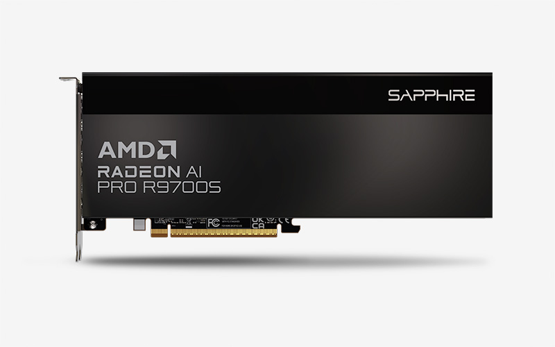The image shows a Sapphire AMD Radeon AI Pro R9700S graphics card.