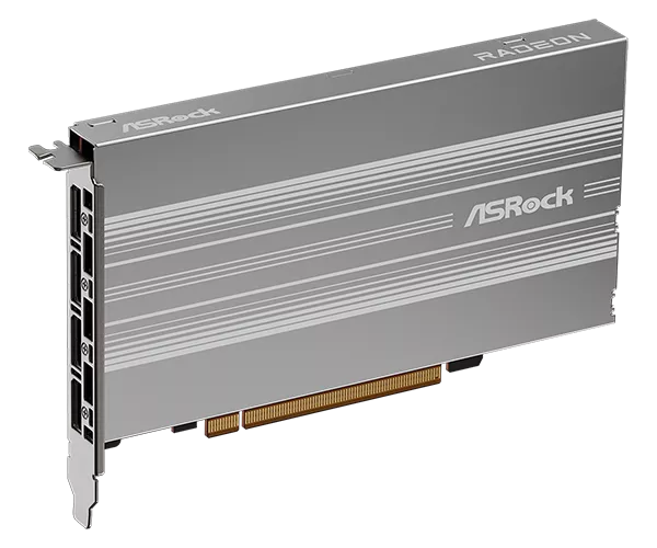 ASRock Radeon graphics card with a silver and gray design, featuring multiple display ports on the side.
