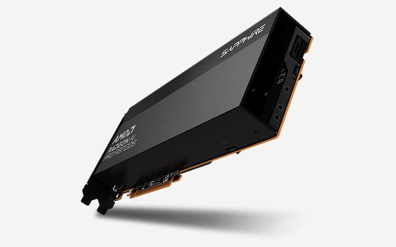 A Sapphire COMPUTE PRO graphic card with visible text 'AMD Radeon PRO Processing' is displayed on a white background.