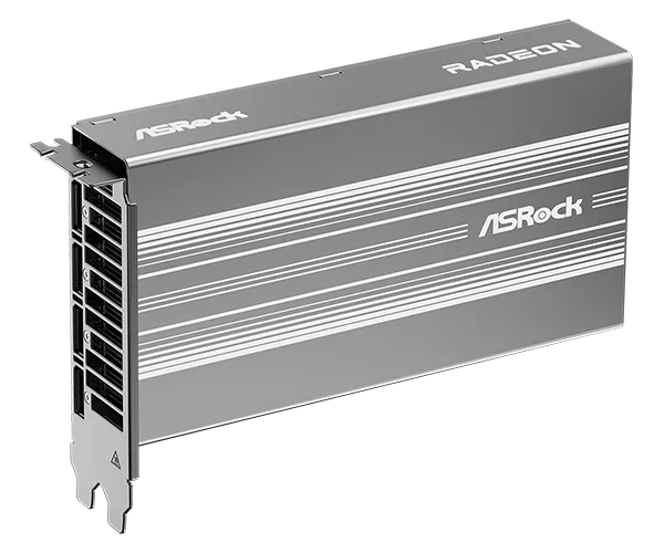 An ASRock Radeon graphics card with a silver and white stripe design and visible cooling vents.