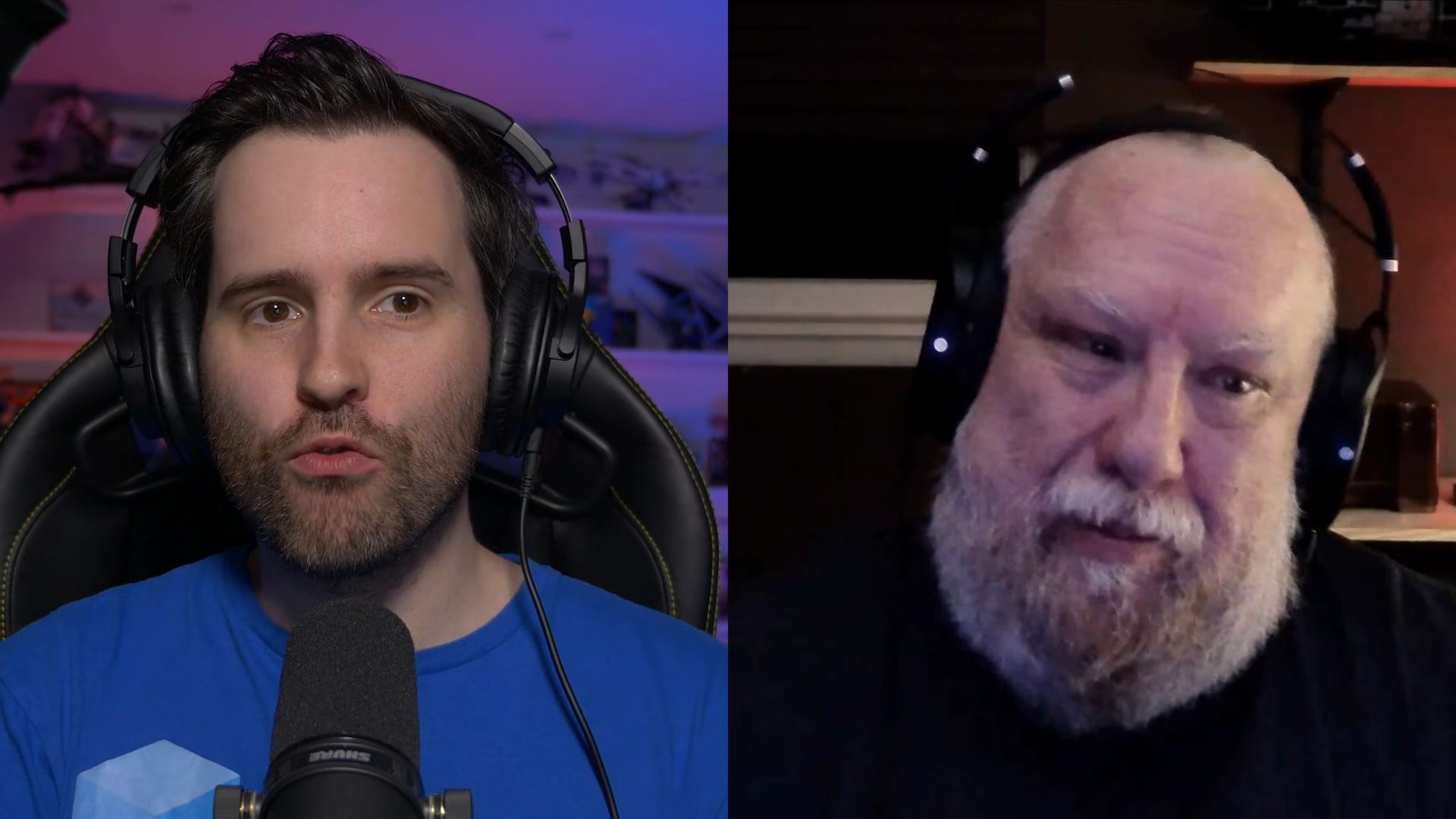 Two people in a split-screen video call, both wearing headphones with microphones, in a dimly lit room.