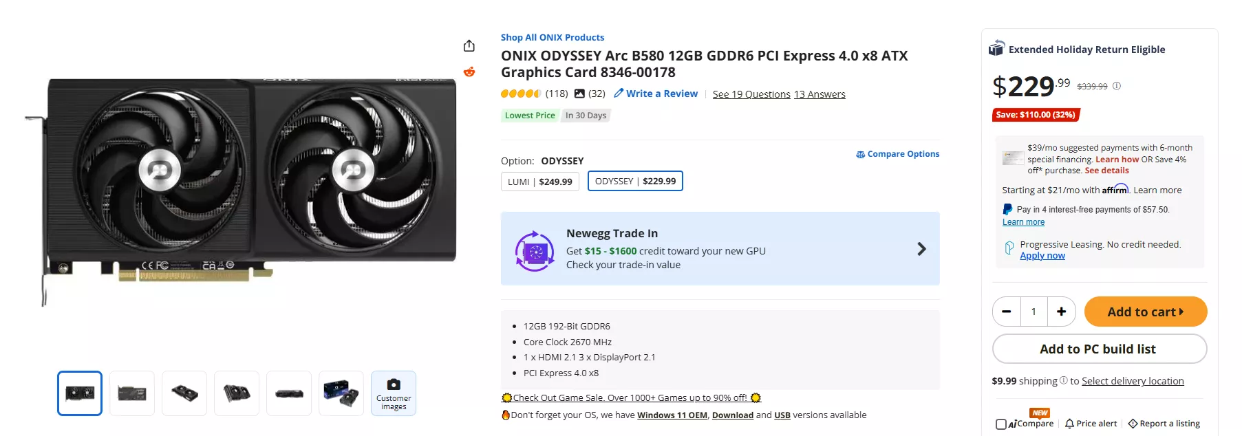 ONIX ODYSSEY Arc B580 graphics card with 12GB GDDR6 is priced at $229.99 on Newegg.