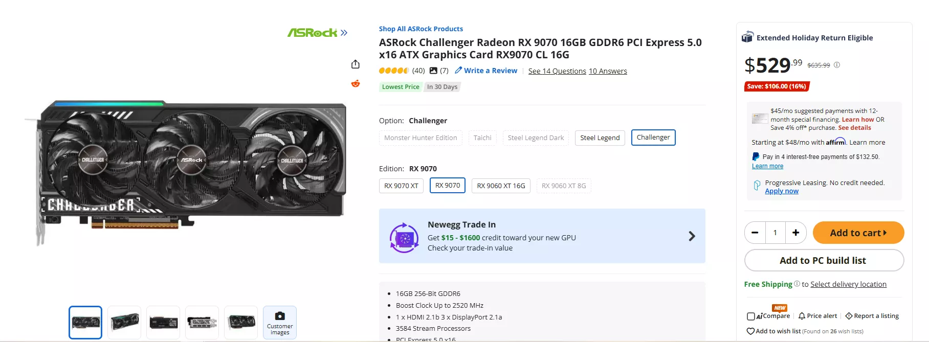 The ASRock Challenger Radeon RX 9070 16GB GDDR6 graphics card is displayed on a Newegg product page showing a price of $529.99 and the option to add to the cart.