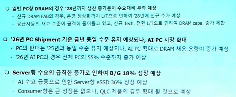 A presentation slide contains text about PC DRAM production, '26년 PC Shipment,' and server demand growth predictions in Korean.