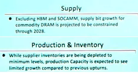 A presentation slide shows information on 'Supply' and 'Production & Inventory,' discussing constrained DRAM supply growth and limited production capacity.