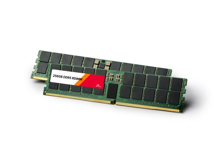 An SK Hynix memory module labeled '256GB DDR5 RDIMM' placed on another similar module.