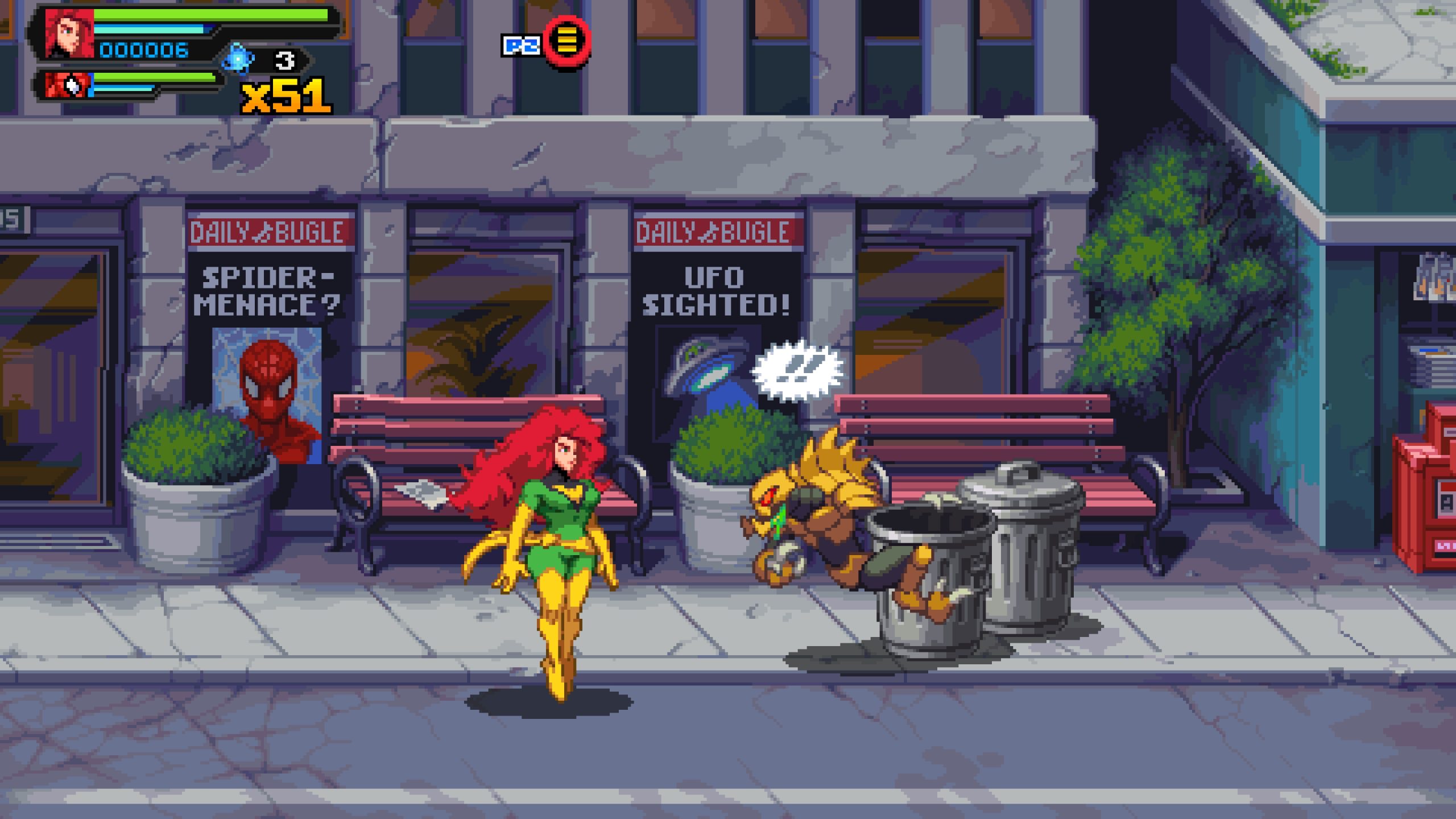 A character with red hair and a green costume walks past a sign reading 'SPIDER-MENACE?' and 'UFO SIGHTED!' in the 'Daily Bugle' during pixelated gameplay.