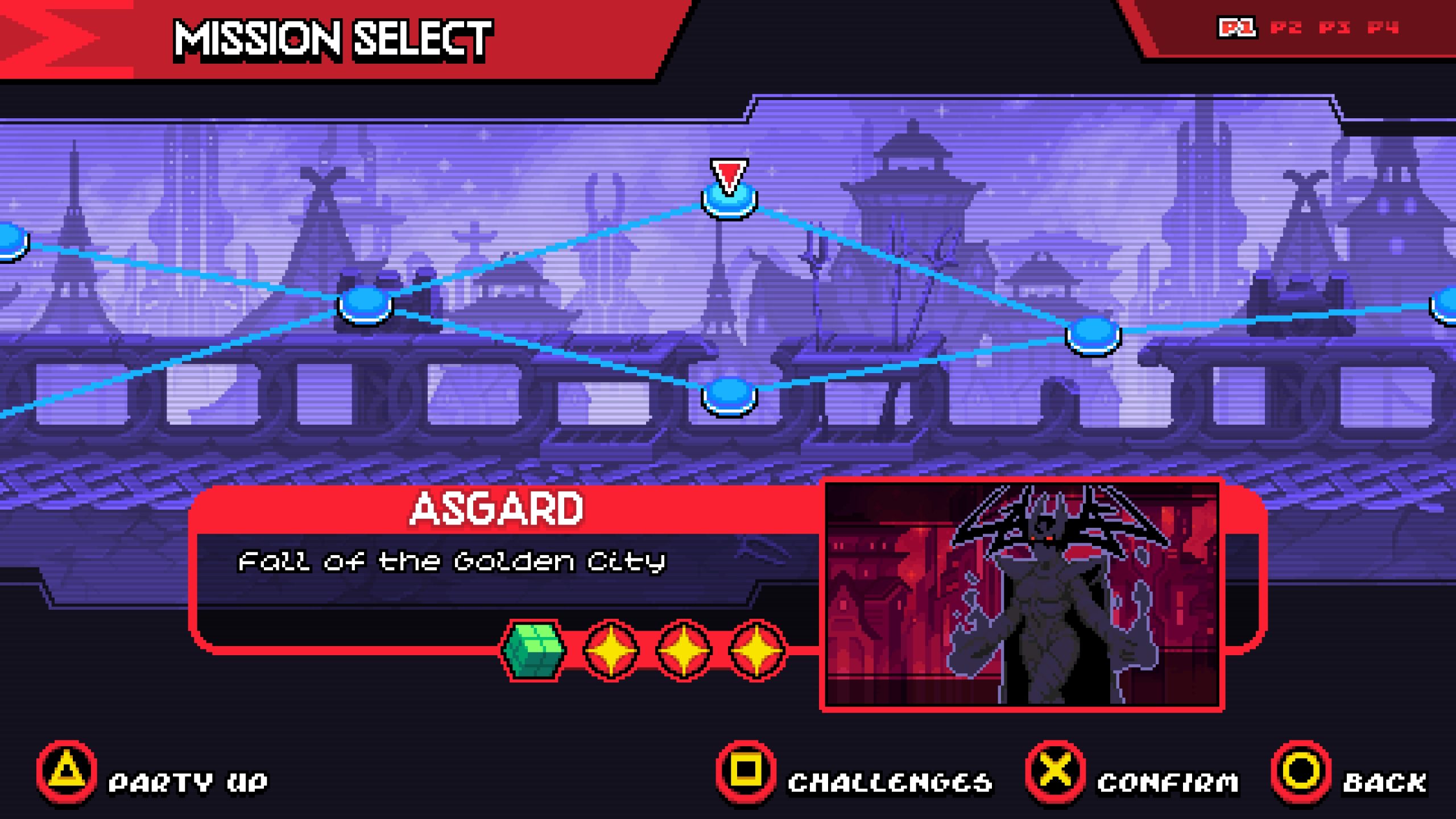 A game mission select screen shows 'Asgard: Fall of the Golden City' with an enemy character image and options for 'Party Up,' 'Challenges,' 'Confirm,' and 'Back.'