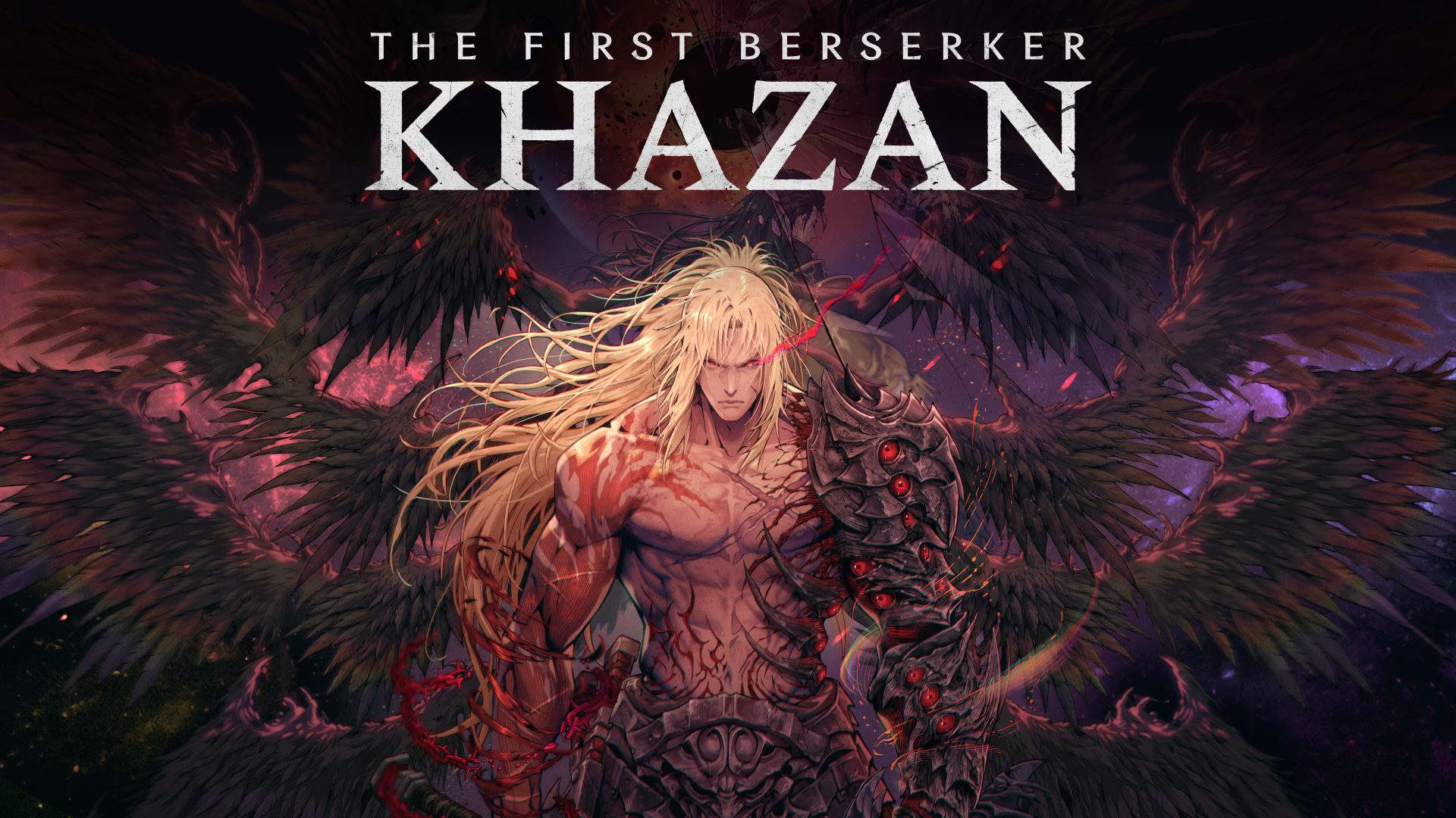 A character with long blonde hair and dark armored wings stands prominently under the title 'The First Berserker Khazan'.