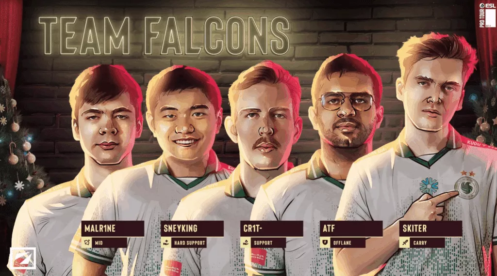 Team Falcons Dota 2 roster portraits for DreamLeague Season 27