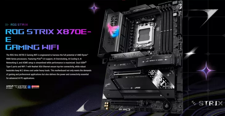 The ASUS ROG Strix X870E-E Gaming WiFi motherboard is showcased with visible branding and features including PCIe 5.0 support and WiFi 7.