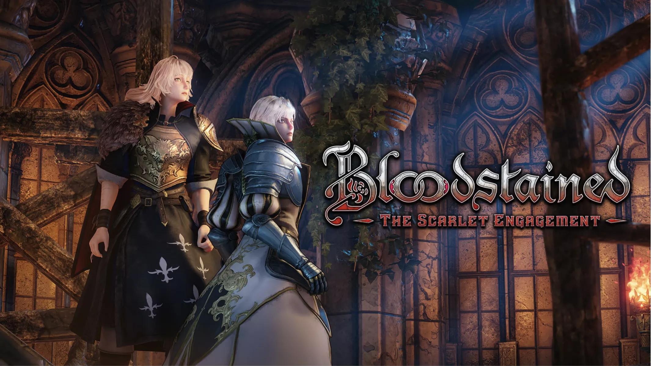 Two armored characters standing in a medieval setting with the title 'Bloodstained: The Scarlet Engagement' displayed prominently.