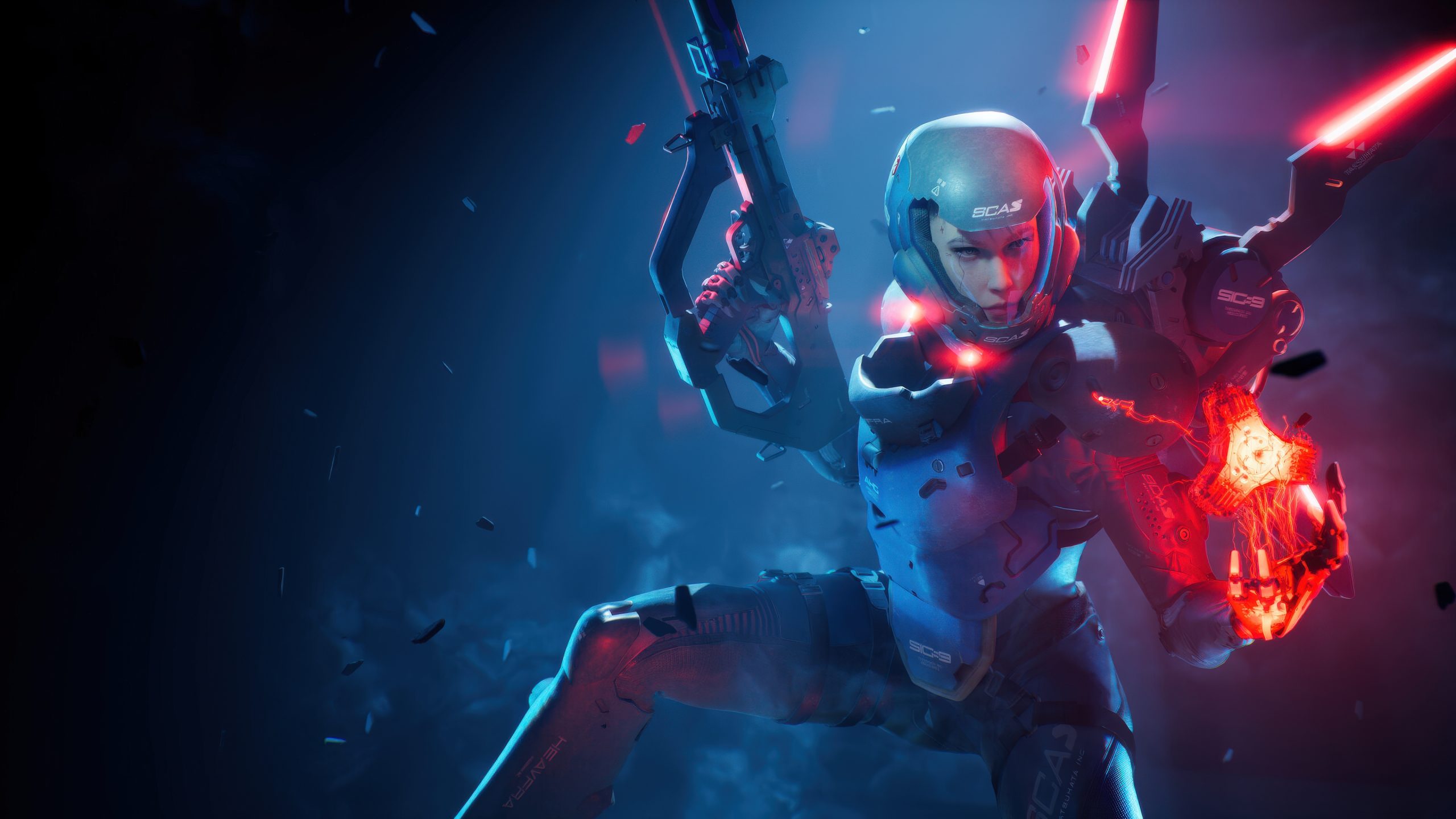 A character in sci-fi armor with visible SCAS logos holds a futuristic rifle and a glowing red energy source, set in a dark, tech-themed environment.