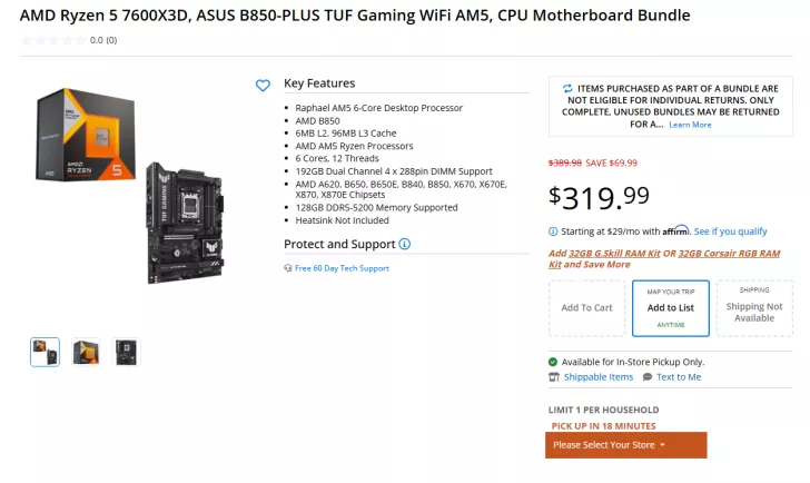 AMD Ryzen 5 7600X3D and ASUS B850-PLUS TUF Gaming WiFi AM5 motherboard are featured in a bundle offer with a price of $319.99 and details of key features and terms on returns.