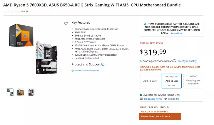 An AMD Ryzen 5 7600X3D processor and ASUS B650-A ROG Strix Gaming WiFi AM5 motherboard bundle are displayed, priced at $319.99 with highlighted features such as 6 cores, 12 threads, and 128GB DDR5-5200 memory support.