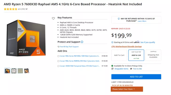 The image shows an AMD Ryzen 5 7600X3D Raphael AM5 4.1GHz 6-core boxed processor package with key features listed, priced at $199.99 with a $120 discount from the original price of $319.99.