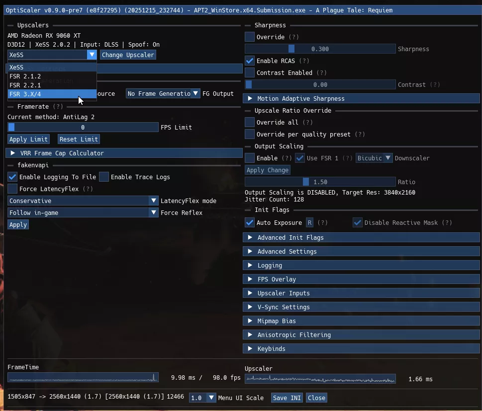 The OptiScaler v0.9.0-pre7 interface shows an AMD Radeon RX 9060 XT with options to change upscaler settings, currently highlighting 'FSR 3.X/4' with a performance of '98.0 fps'.