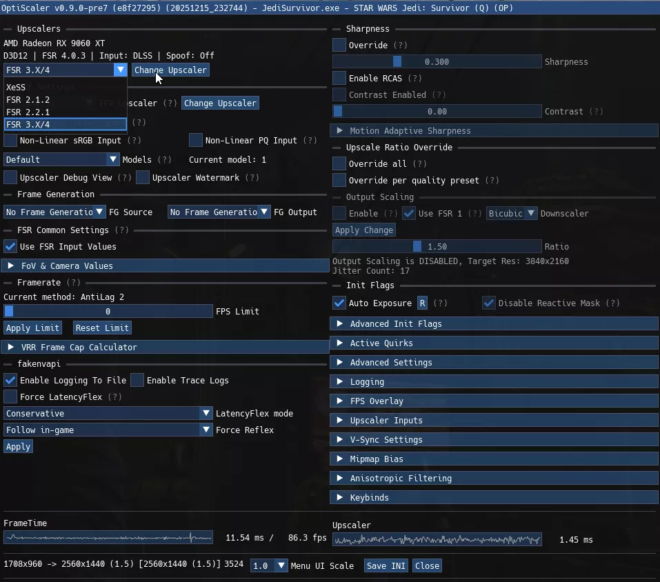 An application window for OptiScaler v0.9.0-pre7 displays settings for the AMD Radeon RX 9060 XT with 'FSR 3/XL4' selected and a performance graph showing '86.3 fps' and '1.45 ms'.