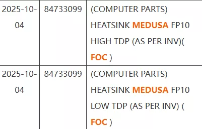A table shows listings for 'HEATSINK MEDUSA FP10', with one entry marked 'HIGH TDP' and the other 'LOW TDP', both noted as '(FOC)'.