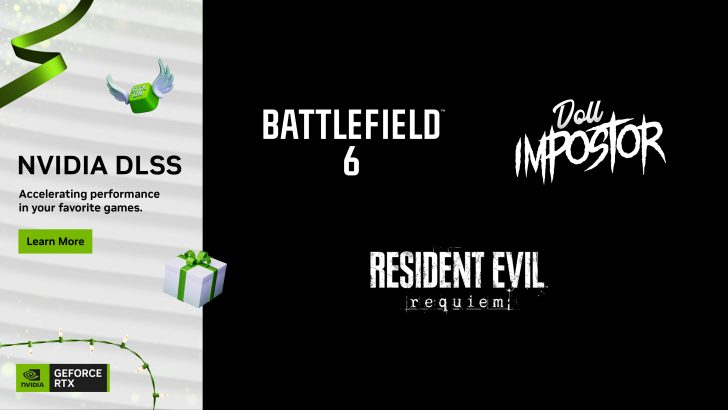 A graphic showcasing NVIDIA DLSS promoting improved performance in games alongside titles 'BATTLEFIELD 6,' 'Doll Impostor,' and 'RESIDENT EVIL requiem.'
