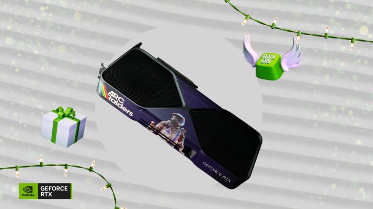 An NVIDIA GeForce RTX graphics card with ARC Raiders artwork is displayed alongside a RTX ON key and a gift box with green ribbon.