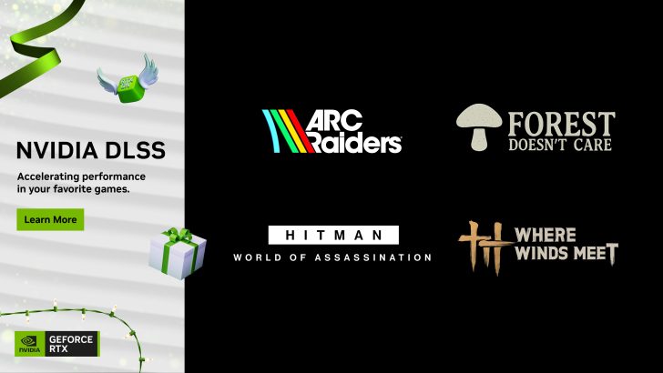 The image features an advertisement for NVIDIA DLSS promoting gaming performance, alongside logos for 'ARC Raiders,' 'Forest Doesn't Care,' 'HITMAN: World of Assassination,' and 'Where Winds Meet.'