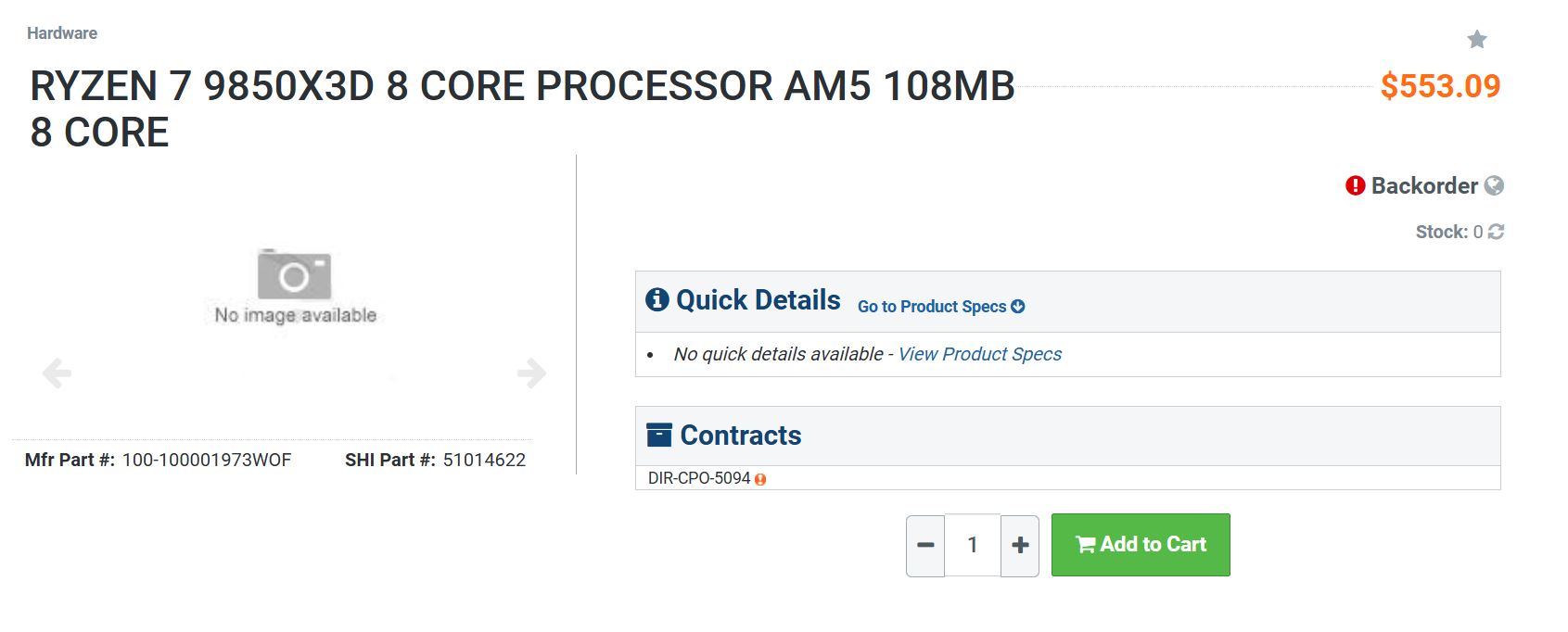 The listing for a Ryzen 7 9850X3D 8 Core Processor AM5 108MB shows a price of $553.09 with the status 'Backorder' and 'Stock: 0,' along with manufacturer part number '100-100001973WOF' and a note 'No image available.'