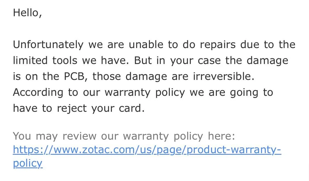 A message from Zotac states that repairs cannot be made due to irreversible PCB damage, resulting in a warranty claim rejection.