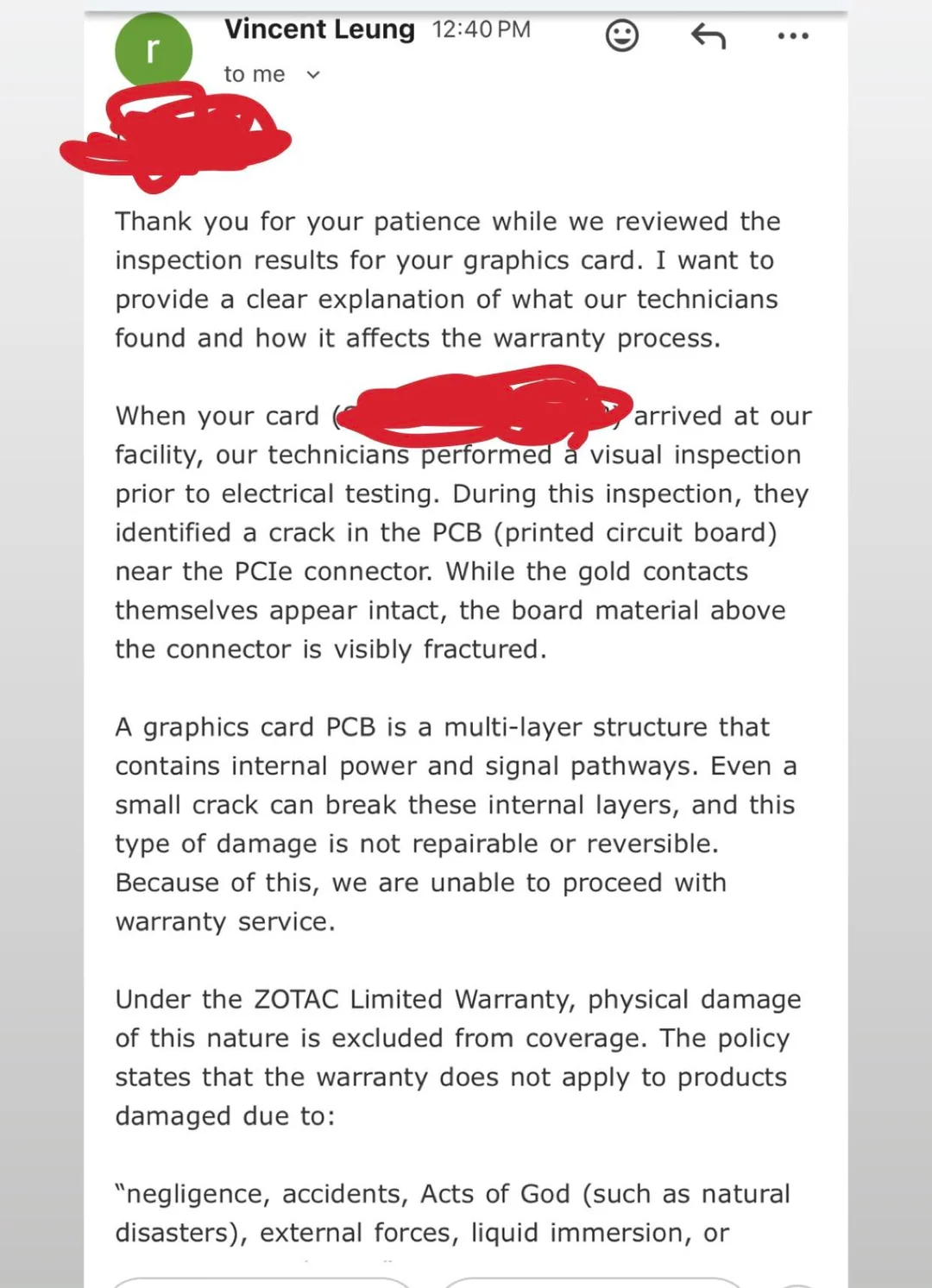An email from Vincent Leung at 12:40 PM discusses a cracked PCB on a graphics card near the PCIe connector, explaining that the damage is not covered under the ZOTAC Limited Warranty due to exclusion of physical damage.