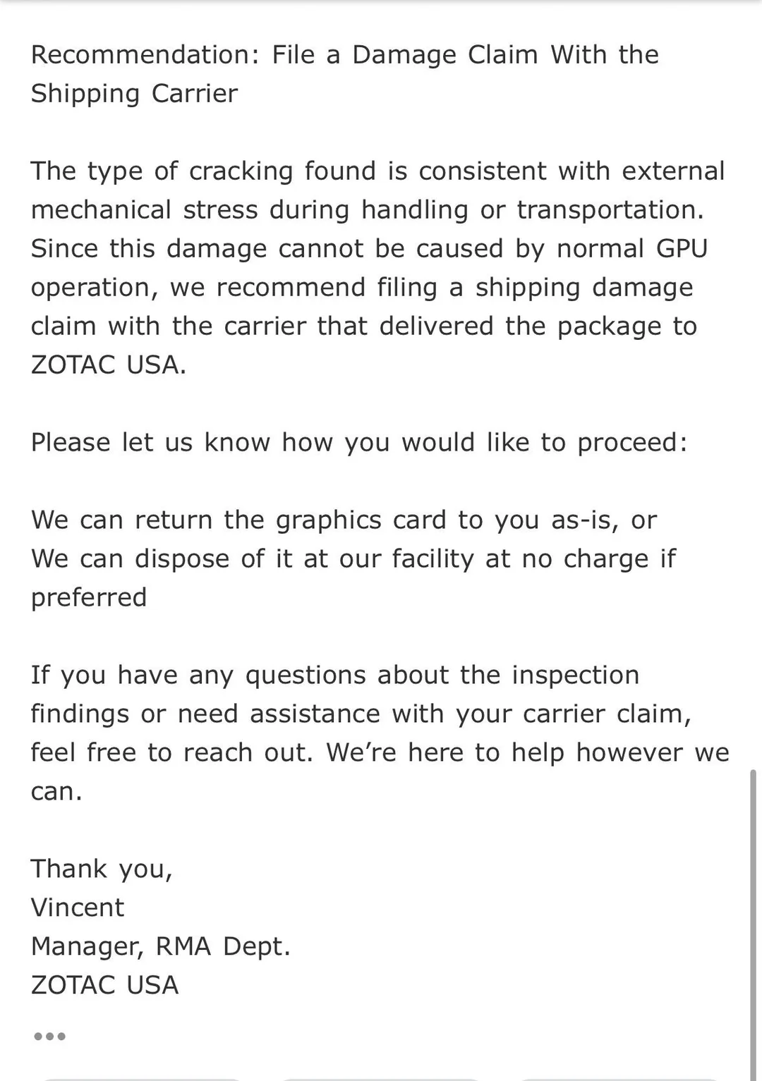 A letter from Zotac USA recommends filing a damage claim with the shipping carrier due to external mechanical stress, stating the damage is unrelated to normal GPU operation, signed by Vincent, Manager, RMA Dept.