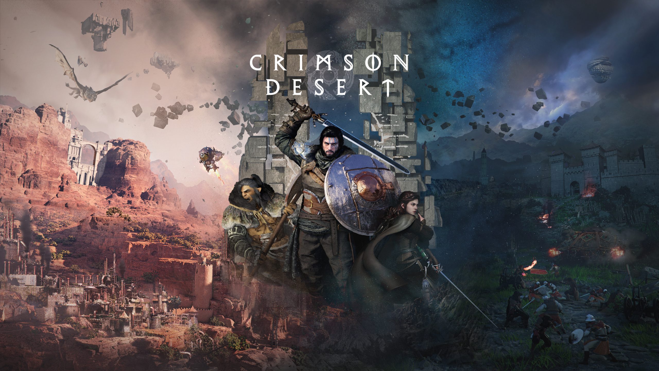 The image features key characters and a dragon in a dramatic landscape with the title 'Crimson Desert' prominently displayed.