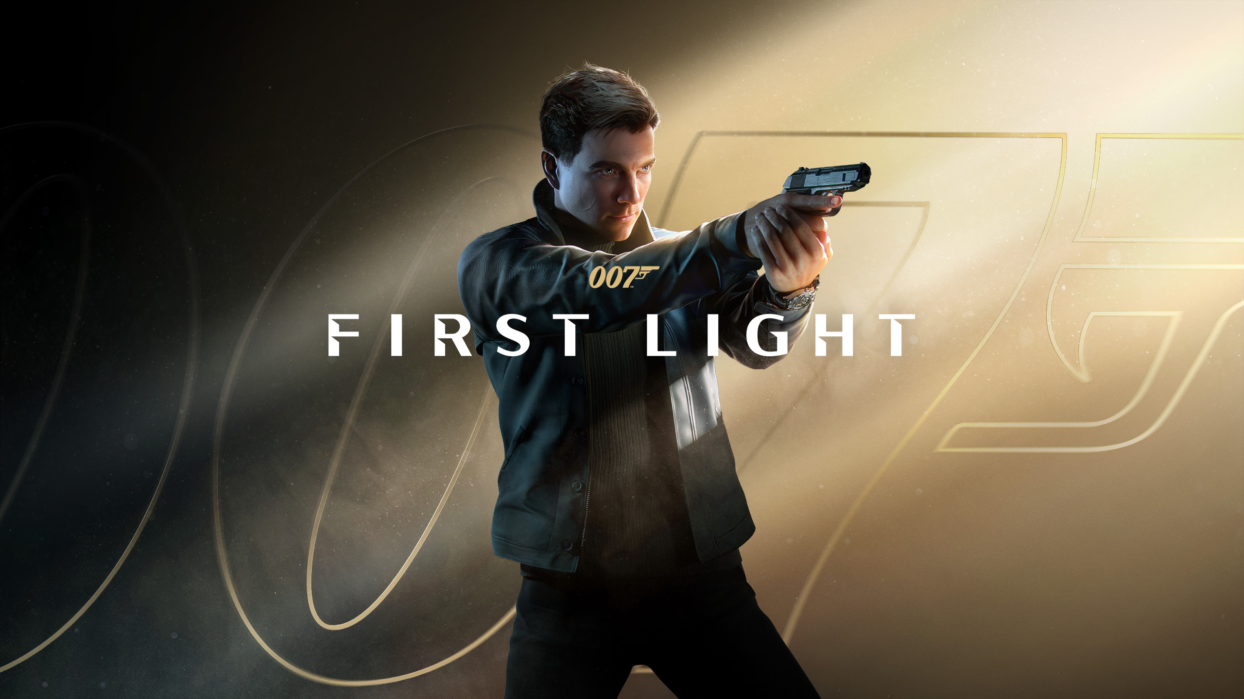A game character aiming a gun with '007 First Light' text overlay on a shadowed background.