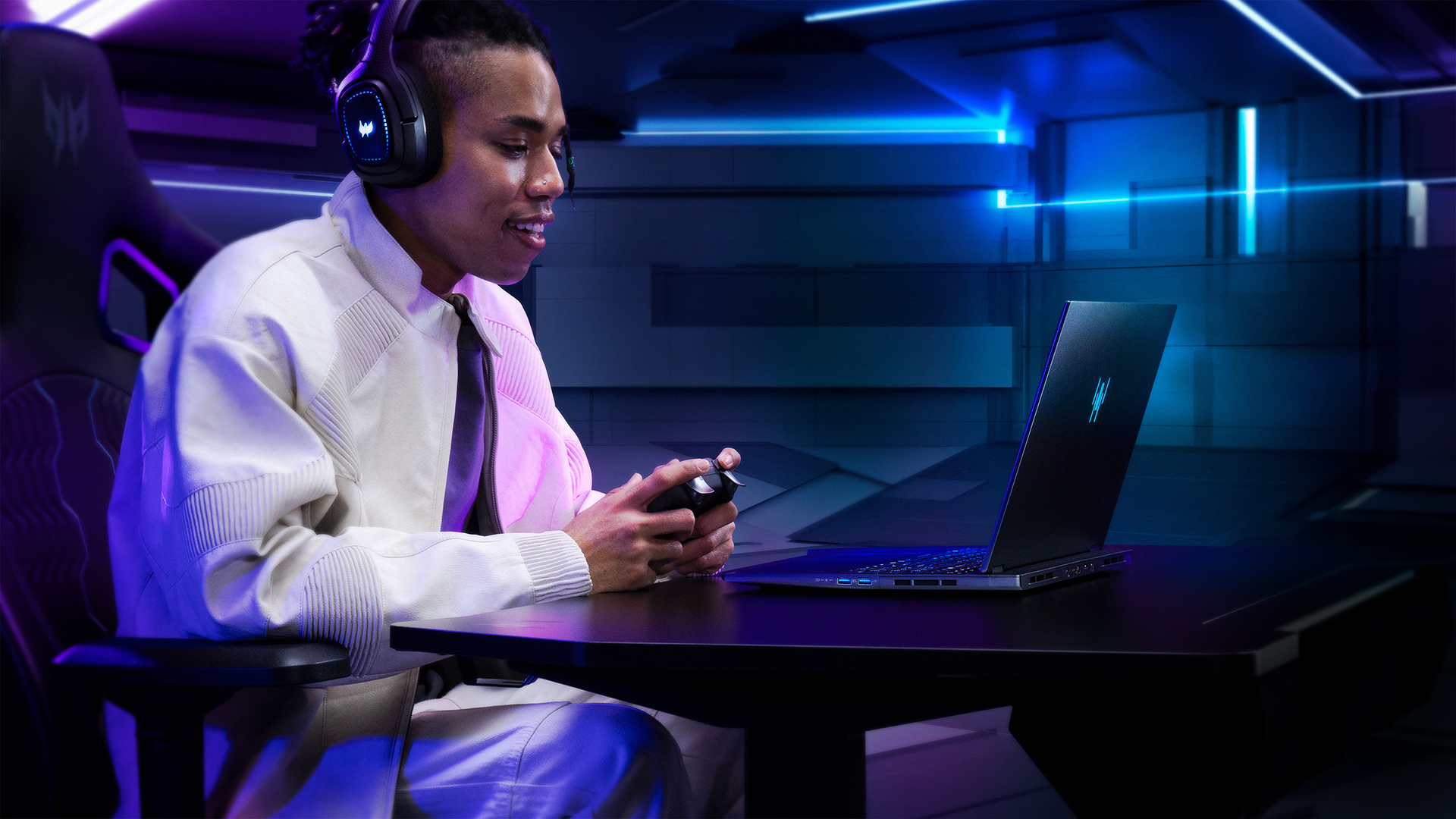 A person using Acer Predator gaming equipment, including a laptop and headset, in a futuristic setting.