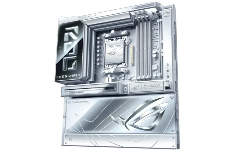 An ASUS ROG Crosshair X670E motherboard in a silver and white color scheme with visible ROG branding and 'GLACIAL' text on the heatsink.