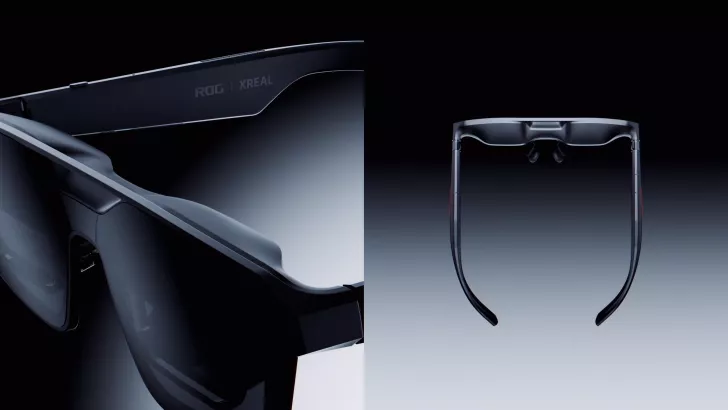 A pair of ASUS ROG XREAL augmented reality glasses are shown from a side and front angle in a dark setting.