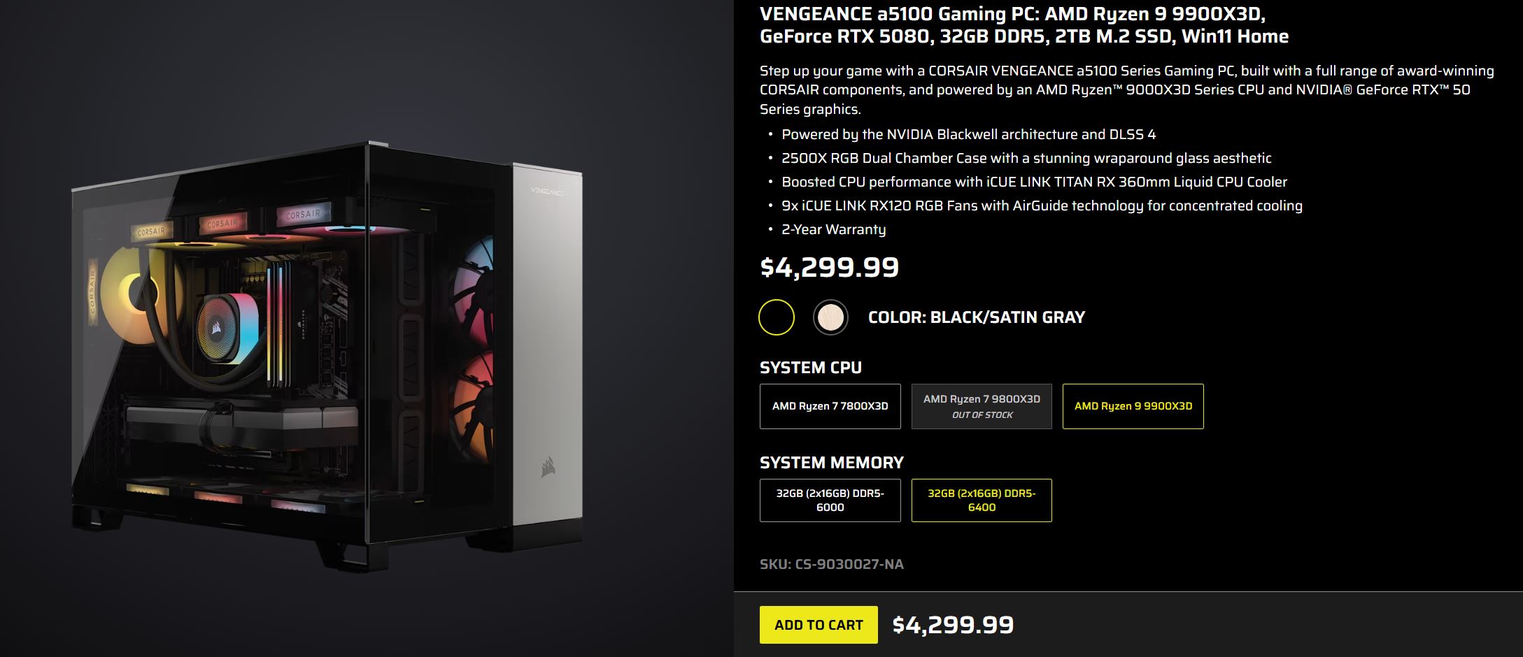 The image shows a Corsair VENGEANCE a5100 Gaming PC with AMD Ryzen 9 9900X3D CPU and NVIDIA GeForce RTX 5080 GPU, priced at $4,299.99, featuring RGB lighting and a wraparound glass case, alongside specifications and customization options on the right side.